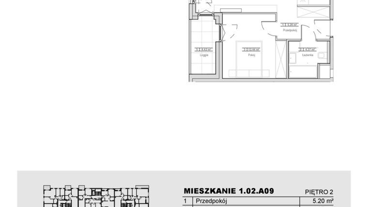 Rzut - Mieszkanie na sprzedaż 2 pokoje o powierzchni 47,69 m² - numer 1.02.A09 w Ogrody Andersa III