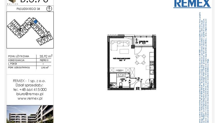 Rzut - Mieszkanie na sprzedaż 1 pokój o powierzchni 35,92 m² - numer B.3.76 w Osiedle BALTICA