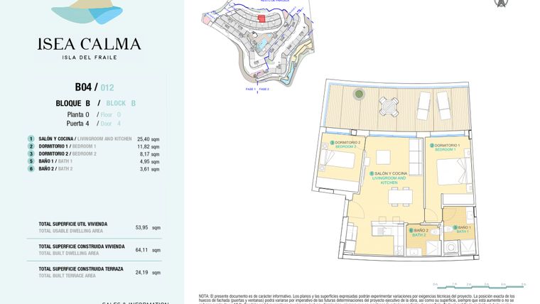 Rzut - Mieszkanie na sprzedaż 2 pokoje o powierzchni 64 m² - numer CAV-MS-5121 w Isea Calma - Aguilas