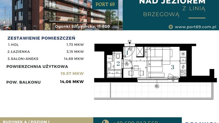 Rzut - Mieszkanie na sprzedaż 1 pokój o powierzchni 19,57 m² - numer A-11 w Port 69