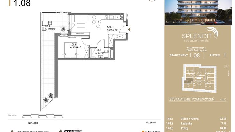 Rzut - Mieszkanie na sprzedaż 2 pokoje o powierzchni 36,64 m² - numer 1.8 w Splendit Świnoujście