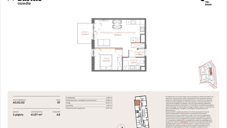 Rzut - Mieszkanie na sprzedaż 2 pokoje o powierzchni 41,07 m² - numer A3-02.02 w Sarnie Osiedle