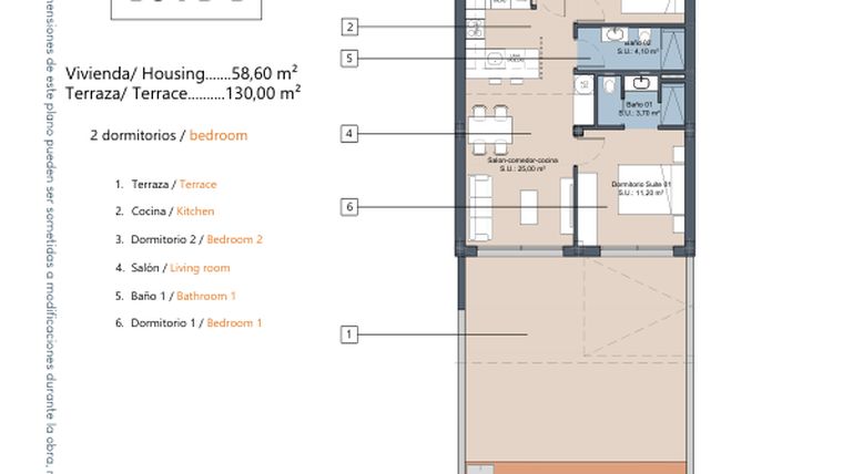 Rzut - Mieszkanie na sprzedaż 2 pokoje o powierzchni 58,6 m² - numer 3.0.B w LA Sunrise - Los Alcázares