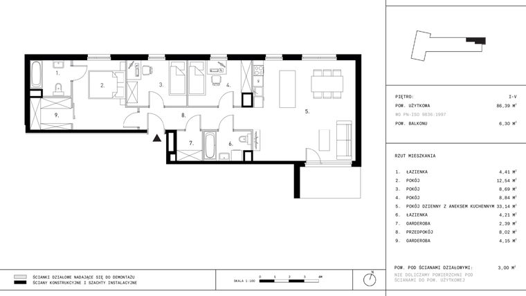 Rzut - Mieszkanie na sprzedaż 6 pokoi o powierzchni 86,39 m² - numer G9.P1 w Podskarbińska 28
