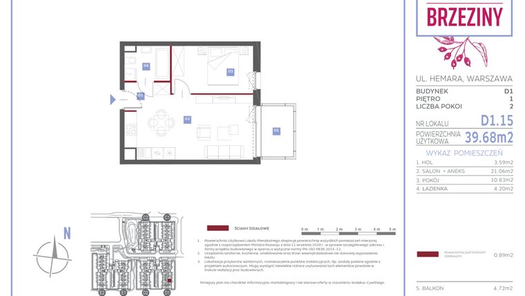 Rzut - Mieszkanie na sprzedaż 2 pokoje o powierzchni 39,68 m² - numer D1.15 w Miasteczko Brzeziny II