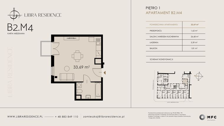 Rzut - Mieszkanie na sprzedaż 1 pokój o powierzchni 33,69 m² - numer B2.M4 w Libra Residence