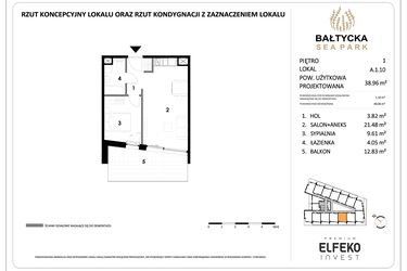 Rzut - Mieszkanie na sprzedaż 2 pokoje o powierzchni 38,96 m² - numer A.1.10 w Bałtycka Sea Park