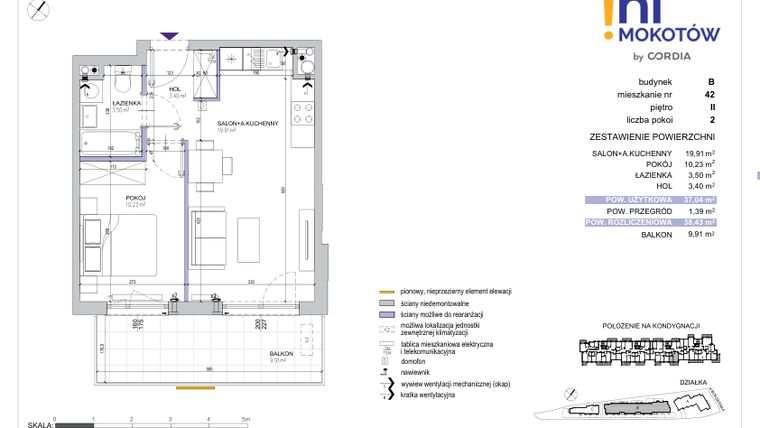 Rzut - Mieszkanie na sprzedaż 2 pokoje o powierzchni 38,43 m² - numer A1.B.42 w Hi Mokotów