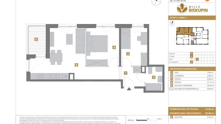 Rzut - Mieszkanie na sprzedaż 3 pokoje o powierzchni 51,49 m² - numer S8 w Wille Biskupin Etap 2.1