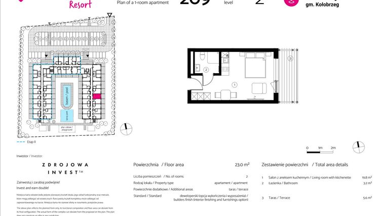 Rzut - Mieszkanie na sprzedaż 1 pokój o powierzchni 23 m² - numer 209 w VacationClub Resort