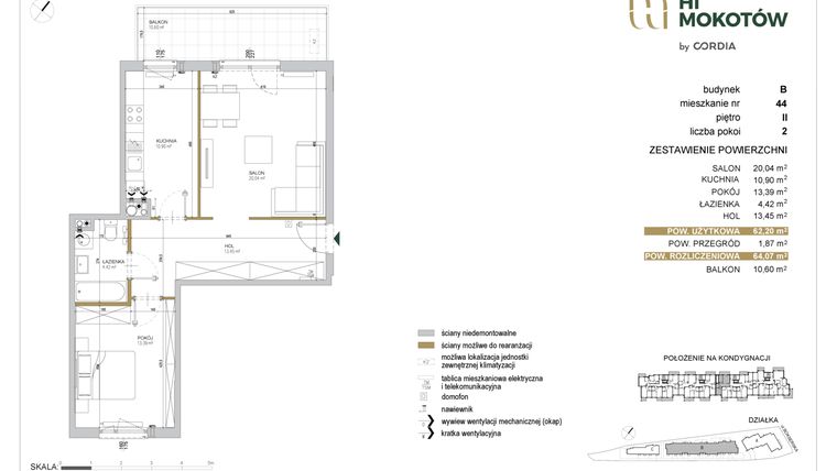 Rzut - Mieszkanie na sprzedaż 2 pokoje o powierzchni 62,19 m² - numer A1.B.44 w Hi Mokotów