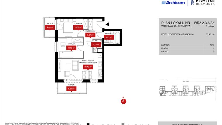 Rzut - Mieszkanie na sprzedaż 3 pokoje o powierzchni 55,4 m² - numer WR3 2/3/6/3a w Przystań Reymonta etap II