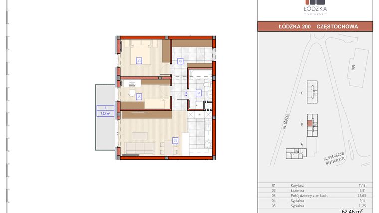 Rzut - Mieszkanie na sprzedaż 3 pokoje o powierzchni 62,75 m² - numer B.M.36 w Łódzka Osiedle