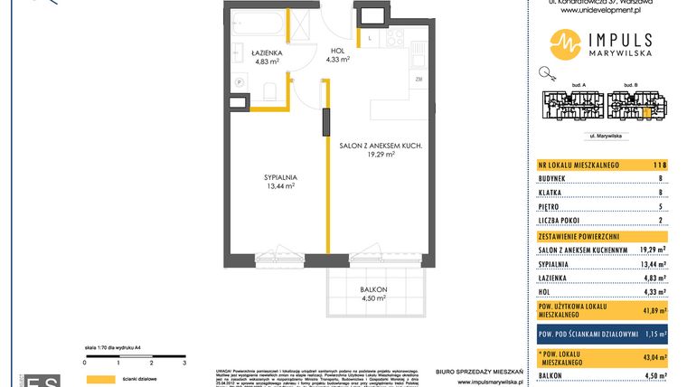 Rzut - Mieszkanie na sprzedaż 2 pokoje o powierzchni 41,89 m² - numer B/118 w Impuls Marywilska