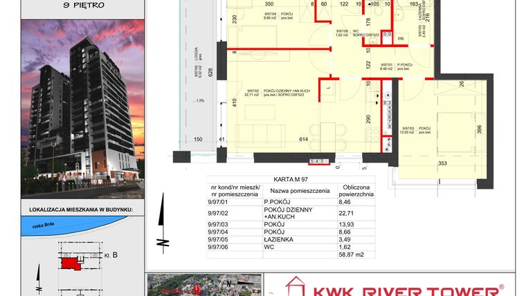 Rzut - Mieszkanie na sprzedaż 3 pokoje o powierzchni 59,03 m² - numer 97 w River Tower