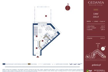 Rzut - Mieszkanie na sprzedaż 1 pokój o powierzchni 26,62 m² - numer I.B.1.3 w GEDANIA Riverside Living - apartamenty inwestycyjne