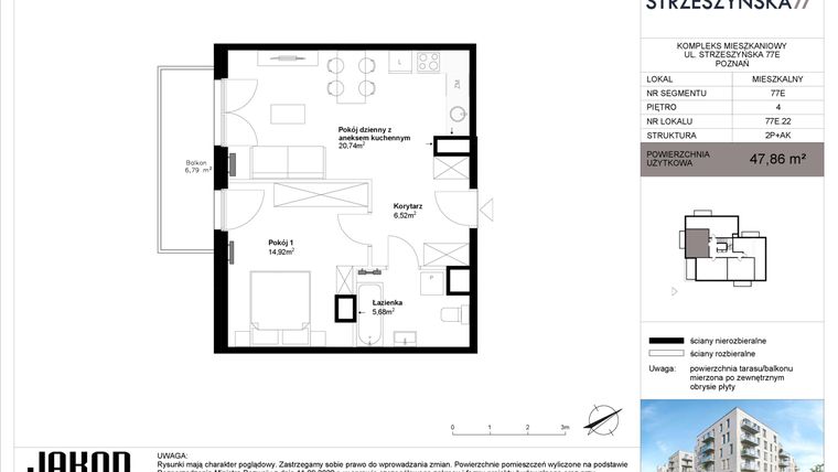 Rzut - Mieszkanie na sprzedaż 2 pokoje o powierzchni 47,86 m² - numer 77E.22 w Strzeszyńska 77
