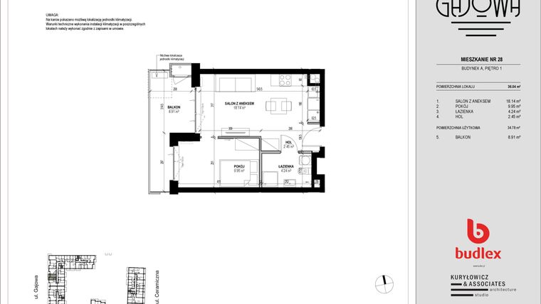 Rzut - Mieszkanie na sprzedaż 2 pokoje o powierzchni 35,28 m² - numer 28 w Gajowa bud. A