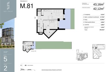 Rzut - Mieszkanie na sprzedaż 2 pokoje o powierzchni 43,16 m² - numer M81 w Sky Trust etap II