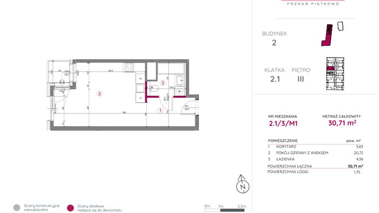 Rzut - Mieszkanie na sprzedaż 1 pokój o powierzchni 30,71 m² - numer 2.1/3/M1 w Lechicka 65