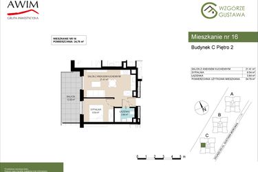 Rzut - Mieszkanie na sprzedaż 2 pokoje o powierzchni 34,79 m² - numer C16 w Wzgórze Gustawa