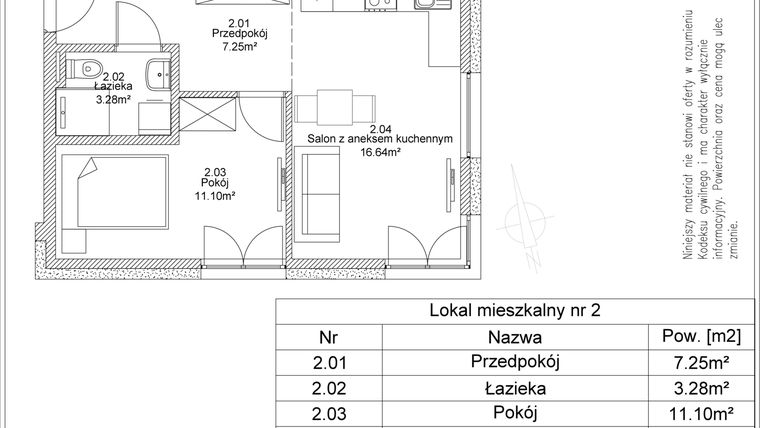 Rzut - Mieszkanie na sprzedaż 2 pokoje o powierzchni 38,27 m² - numer 2 w Apartamenty Jasińskiego