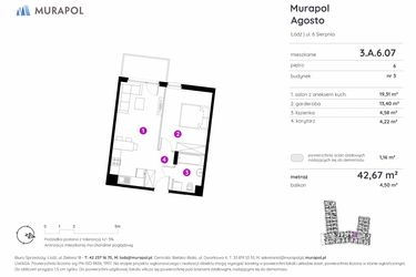 Rzut - Mieszkanie na sprzedaż 1 pokój o powierzchni 42,67 m² - numer 3.A.6.07 w Murapol Agosto