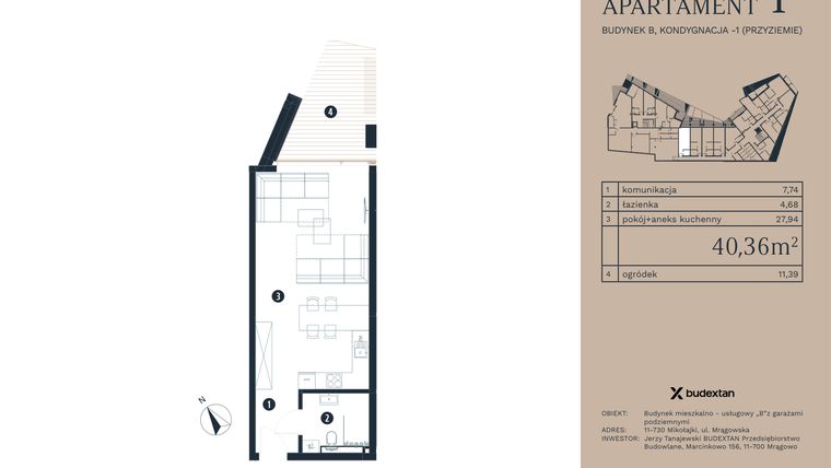Rzut - Mieszkanie na sprzedaż 1 pokój o powierzchni 40,36 m² - numer A1 w Pratum Apartamenty Etap I