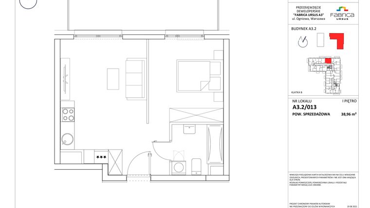 Rzut - Mieszkanie na sprzedaż 1 pokój o powierzchni 38,96 m² - numer A3.2/013 w Fabrica Ursus etap II