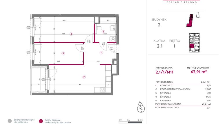 Rzut - Mieszkanie na sprzedaż 3 pokoje o powierzchni 63,91 m² - numer 2.1/1/M11 w Lechicka 65