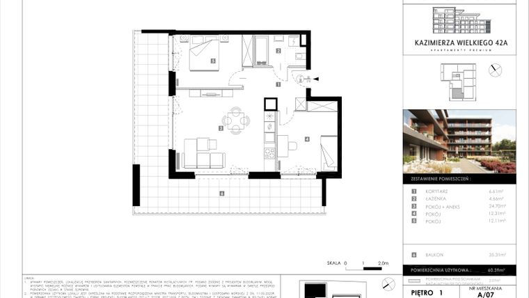 Rzut - Mieszkanie na sprzedaż 3 pokoje o powierzchni 60,39 m² - numer A/07 w Kazimierza Wielkiego 42A