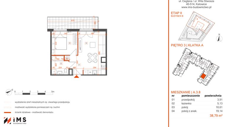 Rzut - Mieszkanie na sprzedaż 2 pokoje o powierzchni 38,68 m² - numer A.3.8 w Rondo Ceglana etap II