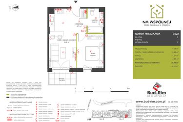 Rzut - Mieszkanie na sprzedaż 2 pokoje o powierzchni 39,09 m² - numer C22 w Na Wspólnej etap 2