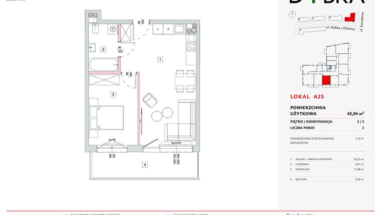 Rzut - Mieszkanie na sprzedaż 2 pokoje o powierzchni 43,04 m² - numer A25 w Dobka