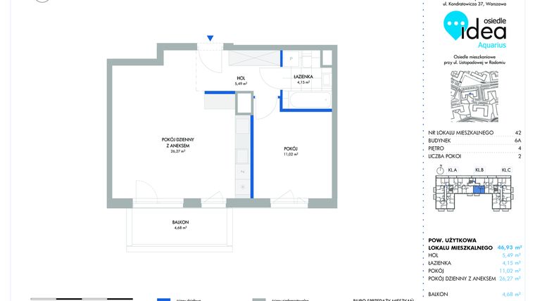 Rzut - Mieszkanie na sprzedaż 2 pokoje o powierzchni 46,93 m² - numer 6A/42 w Osiedle Idea Aquarius