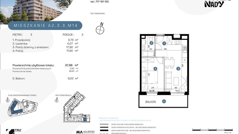 Rzut - Mieszkanie na sprzedaż 2 pokoje o powierzchni 37,66 m² - numer A2.3.3.M14 w Nowe Promenady