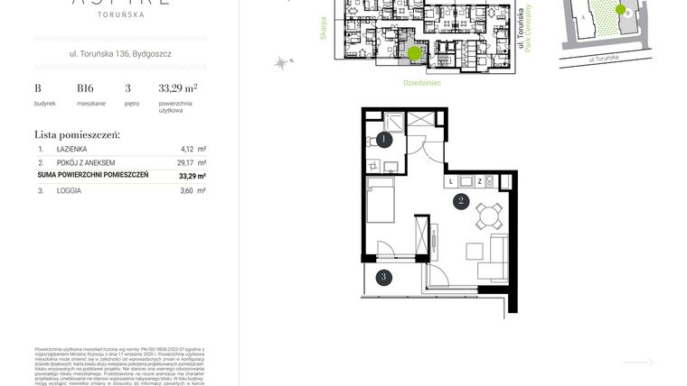 Rzut - Mieszkanie na sprzedaż 1 pokój o powierzchni 33,29 m² - numer B.16 w Aspire
