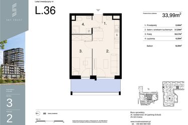 Rzut - Mieszkanie na sprzedaż 2 pokoje o powierzchni 33,99 m² - numer L36 w Sky Trust etap II - apartamenty inwestycyjne 23% VAT PRS