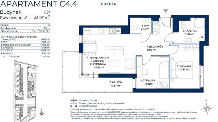 Rzut - Mieszkanie na sprzedaż 3 pokoje o powierzchni 56,82 m² - numer C4.4 w Sol Marina etap III