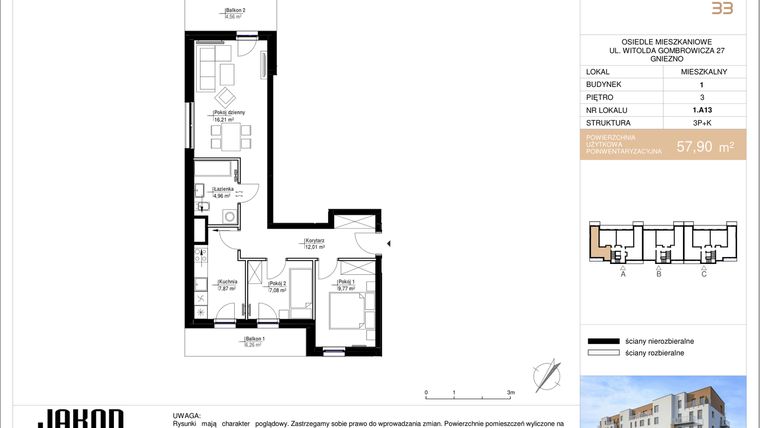Rzut - Mieszkanie na sprzedaż 3 pokoje o powierzchni 57,9 m² - numer 1.A13 w Gombrowicza 33