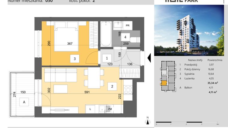 Rzut - Mieszkanie na sprzedaż 2 pokoje o powierzchni 35,34 m² - numer 30 w Dworzysko Park - Etap III