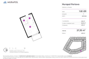 Rzut - Mieszkanie na sprzedaż 1 pokój o powierzchni 27,35 m² - numer 1.B.1.09 w Murapol Portovo etap II