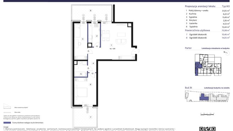Rzut - Mieszkanie na sprzedaż 3 pokoje o powierzchni 70,99 m² - numer B1 – M0.6 w Primacasa