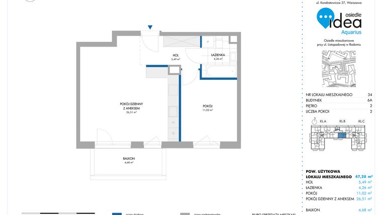 Rzut - Mieszkanie na sprzedaż 2 pokoje o powierzchni 47,28 m² - numer 6A/34 w Osiedle Idea Aquarius