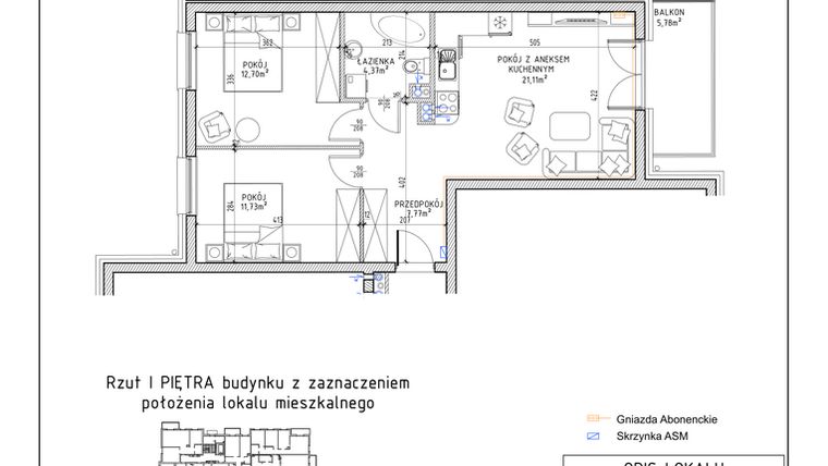 Rzut - Mieszkanie na sprzedaż 3 pokoje o powierzchni 57,68 m² - numer 44 w Osiedle Sady bud. E4