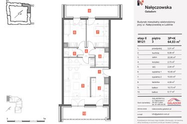 Rzut - Mieszkanie na sprzedaż 3 pokoje o powierzchni 64,03 m² - numer M-121 w Nałęczowska etap II