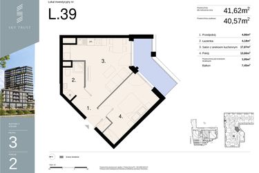 Rzut - Mieszkanie na sprzedaż 2 pokoje o powierzchni 41,62 m² - numer L39 w Sky Trust etap II - apartamenty inwestycyjne 23% VAT PRS