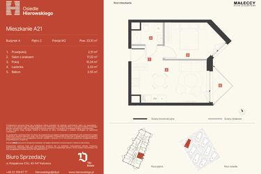 Rzut - Mieszkanie na sprzedaż 2 pokoje o powierzchni 33,1 m² - numer A21 w Osiedle Hierowskiego