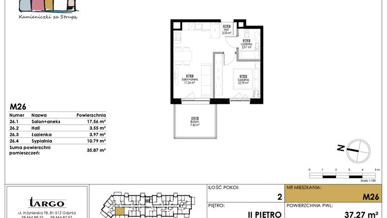 Rzut - Mieszkanie na sprzedaż 2 pokoje o powierzchni 35,87 m² - numer M26 w Kamieniczki za Strugą
