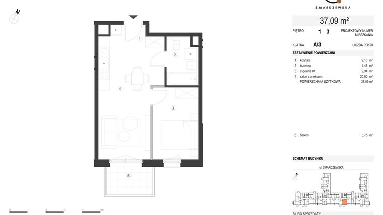 Rzut - Mieszkanie na sprzedaż 2 pokoje o powierzchni 37,09 m² - numer A/3/1.3 w Smardzewska 8